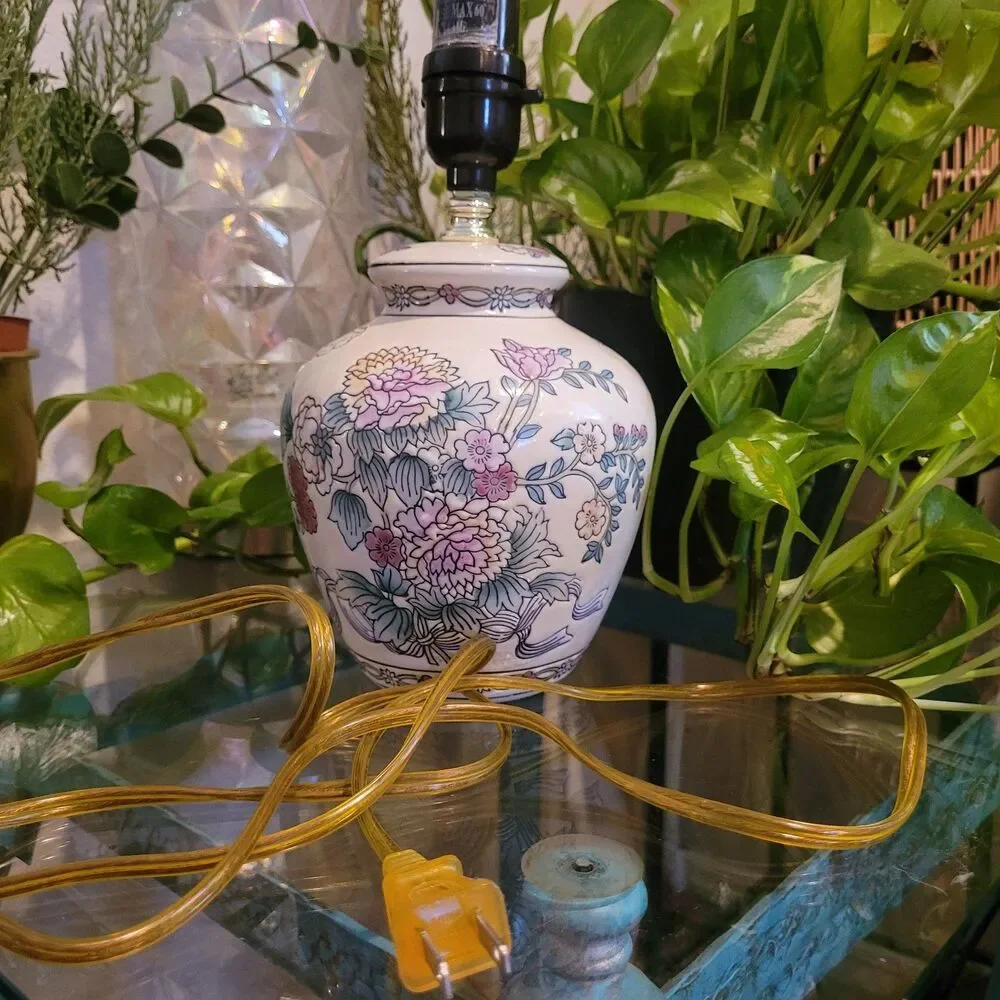 Vintage Lamp Boho Floral Chinoiserie Ginger Jar Table Size White Green Pink Red
